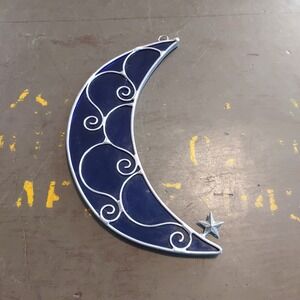 Cobalt Blue Stained Glass Crescent Moon Suncatcher Silver Scrollwork Star 7 inch